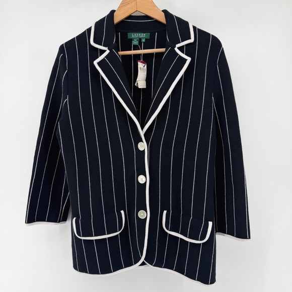 Lauren Ralph Lauren Jackets & Blazers - Lauren Ralph Lauren Navy White Pinstripe Knit Blazer Cardigan Jacket Womens M